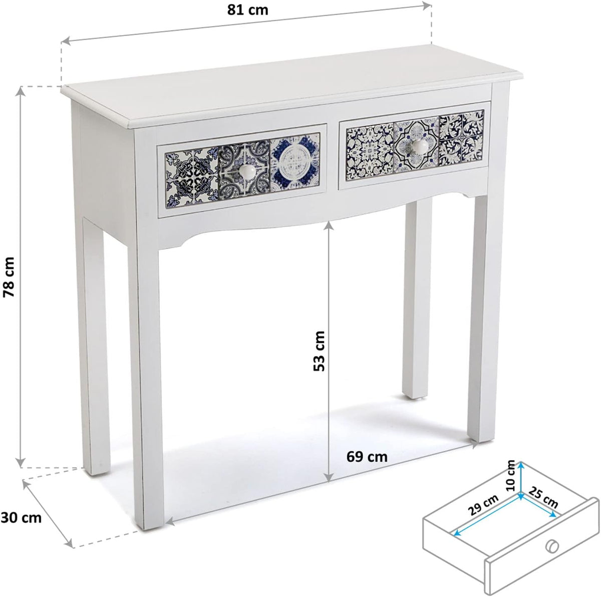 Versa Pireo Smalle hal of vestibule Entree hal meubilair, Console Tafel, met 2 lades, Afmetingen (H x B x H) 78 x 30 x 81 cm, Hout MDF, Kleur Wit