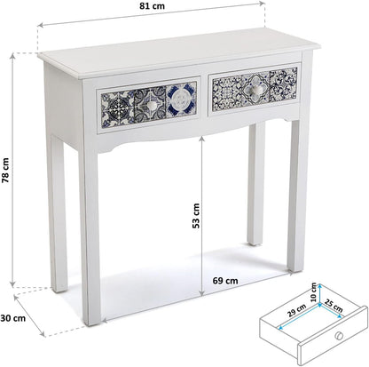 Versa Pireo Smalle hal of vestibule Entree hal meubilair, Console Tafel, met 2 lades, Afmetingen (H x B x H) 78 x 30 x 81 cm, Hout MDF, Kleur Wit