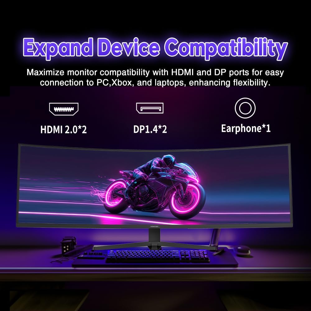 Viewedge 49" FHD Curved Gaming Monitor - PC VA Monitor 5120x1440 1500R, 120Hz / 0.5ms (GtG, Min.), Adaptive-Sync - DP, HDMI