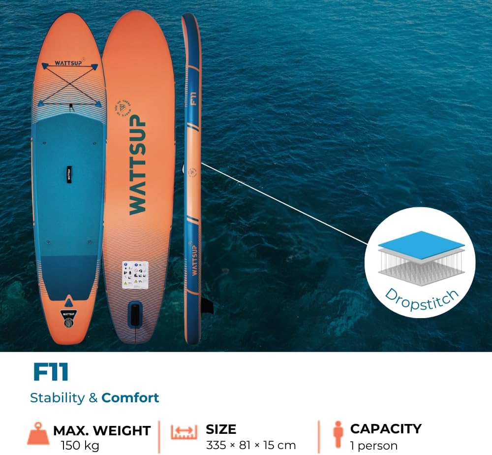Wattsup - Sup Stand Up Paddle Opblaasbare F11 11' - 335x81x15cm Dropstitch - Compleet Pakket: Peddel Leash Pomp Draagtas - Tot 150kg -Blauw