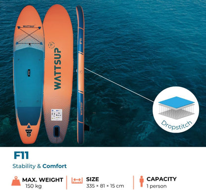 Wattsup - Sup Stand Up Paddle Opblaasbare F11 11' - 335x81x15cm Dropstitch - Compleet Pakket: Peddel Leash Pomp Draagtas - Tot 150kg -Blauw