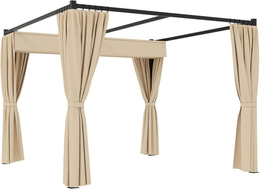 Outsunny Pergola 3 x 3 m vrijstaande terrasoverkapping met uitschuifbaar dak, 4 zijwanden, UV-bestendig overkapping metalen tuinpaviljoen zonwering voor terras en tuin, beige - QUORE