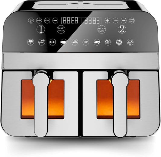 Comfy Nest, CNAFD45WS, 2400 W digitale heteluchtfriteuse met dubbele mand en 9 liter venster, gezond en snel koken, modern design, ideaal voor elke keuken, grijs