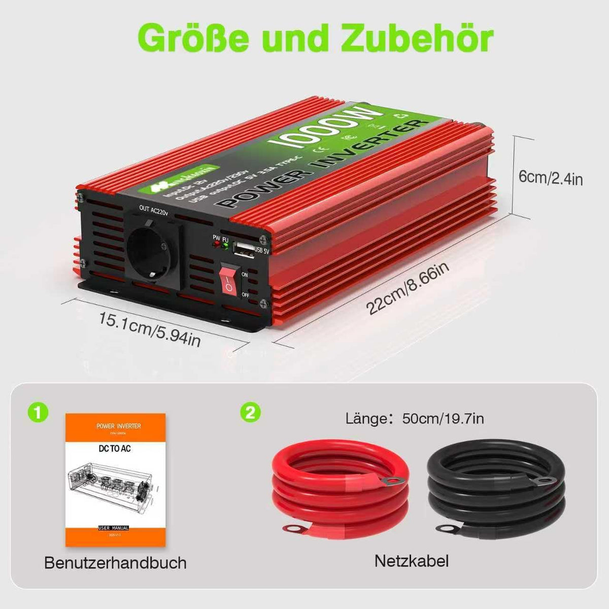 1000W inverter, 12V to 230V, with EU compatible sockets, USB ports and an LCD display, peak power 2000 watts for household appliances, campers, boa