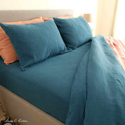 Linen & Cotton Zacht Gezellig Hoeslaken met Elastische Band Alicia - 100% Gewassen Linnen, Petrol Blauw (90 x 190 cm) Beddengoed Beddenlaken Laken Single Twin Eenpersoons Bed Hoge Matras Winter Zomer