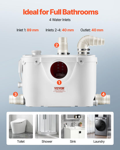 VEVOR 500 W Toilet Reducer Pump 8 m with 4 Water Inputs, Wastewater Drainage Machine for Toilet, Basement, Shower, Washbasin, Laundry