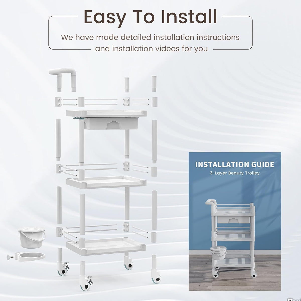 Iklestar Trolley Cart met 3 etages met emmer en grote lade, multifunctionele serveerwagen voor schoonheidssalon, spa, kantoor, kliniek, thuis, 360° draaibare stille wielen