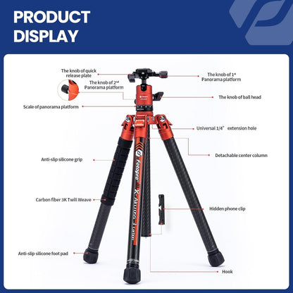 Fotopro 163 cm camerastatief van koolstofvezel met monopod kogelkop 360 1/4 snelontgrendelingsplaat, lichtgewicht reisstatief voor camera, maximale belasting 12 kg, X Aircross 3, oranje