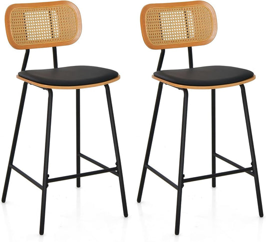 FANTASK Barkruk set van 2 stuks, barkruk met rotan rugleuning en gevoerde zitting, barstoel met voetensteun, tot 140 kg, draagbaar voor keuken, woonkamer, café