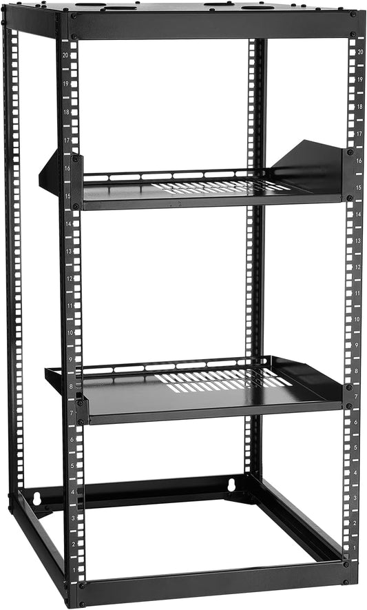 VEVOR 20U Open Frame Netwerk Rack, 58,4 cm diepte, wandmontage of staande serverrek, Heavy Duty 4 Post, met geventileerde planken en montagehardware, houdt al uw netwerk-IT-apparatuur AV-apparatuur