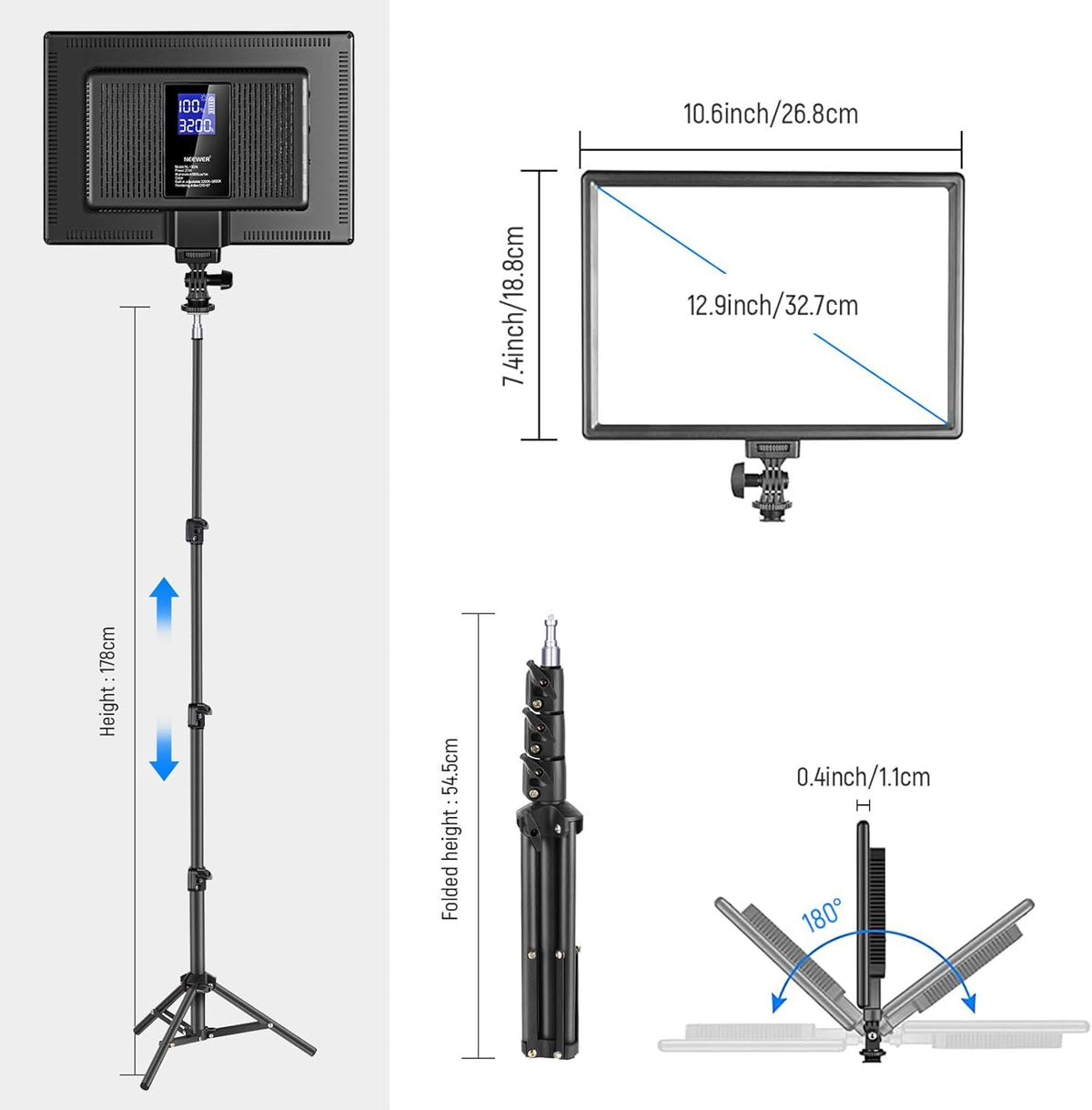NEEWER NL-192AI Led-videolichtpaneel, studiolichtset met statief, dimbaar, Bi Color Key Light 3200-5600K, CRI97+, voor streaming fotografie, podcasts, opnamen, 2400 lux/0,5 m, 8000 mAh batterij, 13