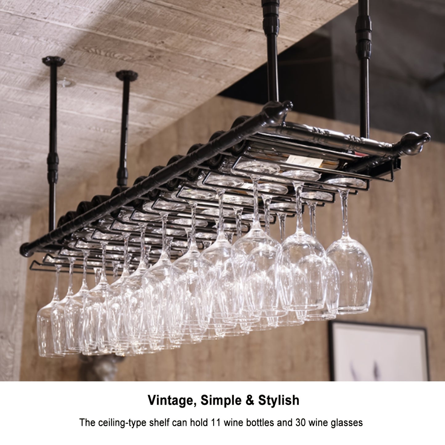 Plafond Wijnglashouder – Wijnglasrek – Glazenhouder – Stemware Rek – Baraccessoire – Zwart Metaal – Ruimtebesparend & Duurzaam
