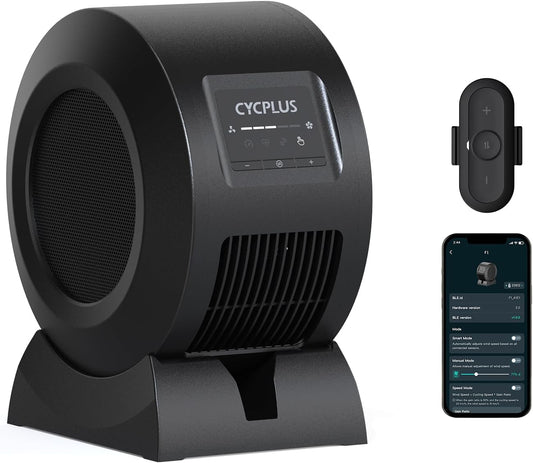 CYCPLUS Slimme indoor fietsventilator, BLDC motoraandrijving, 5 snelheidsmodi met afstandsbediening en app-bediening, geluidsarme Bluetooth/ANT+-ventilator voor indoor fietstrainers, stationaire