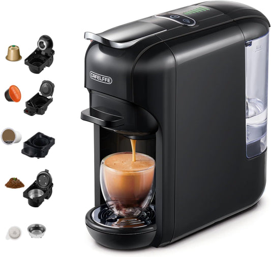 CAFELFFE MK-606 5-in-1 koffiemachine, espressomachine, 19 bar, warm-/koudgezette espressomachine, compatibel met K-Cup/Nes Original/DG/44 mm ESE en gemalen, 7 waterniveaus, thuis/kantoor, zwart