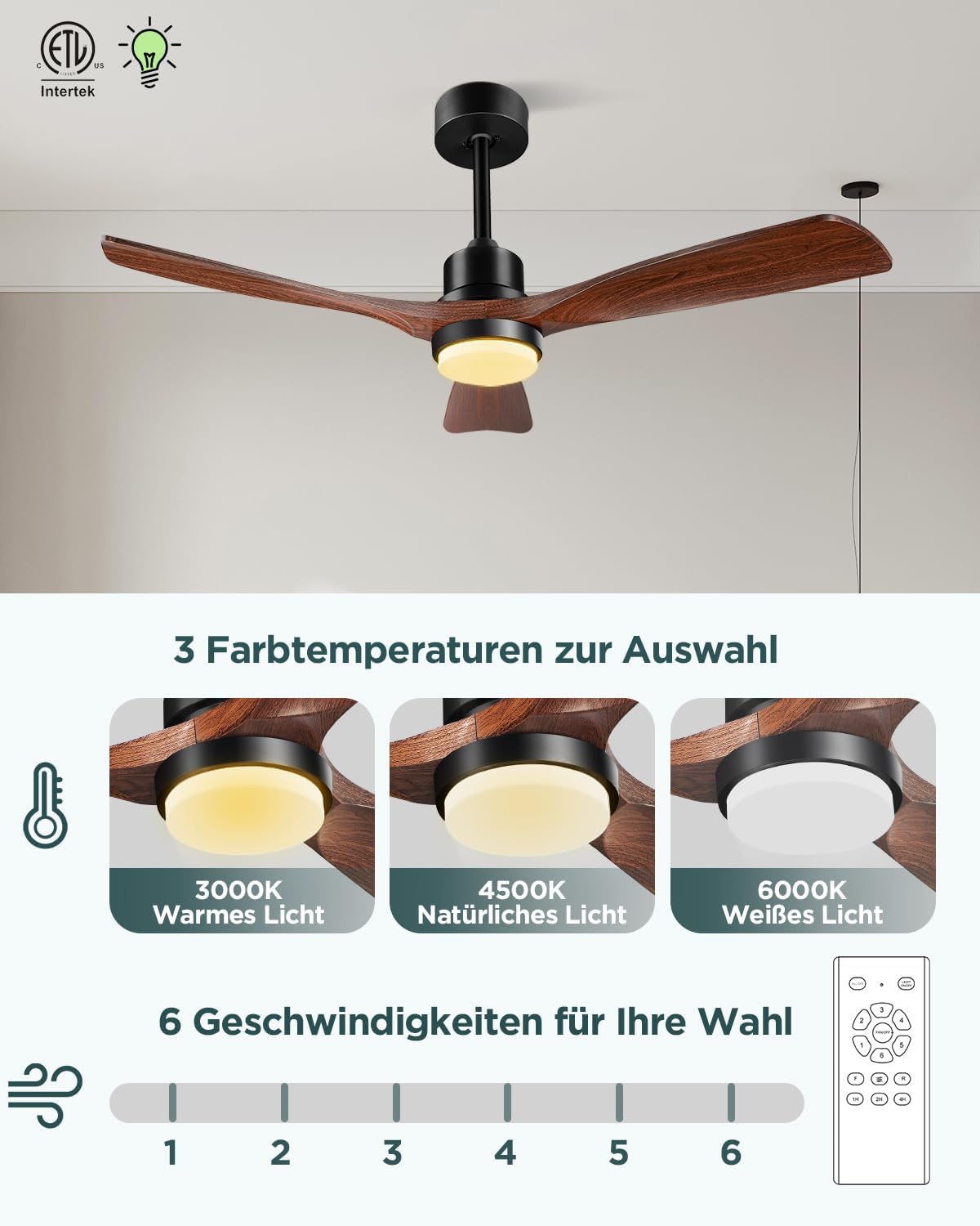 Plafondventilator met verlichting en afstandsbediening, stille DC-motor, 52 inch (132 cm), 3 vleugels, timer, 6 snelheden, ETL-vermeld, zomer, winterfunctie, walnoot