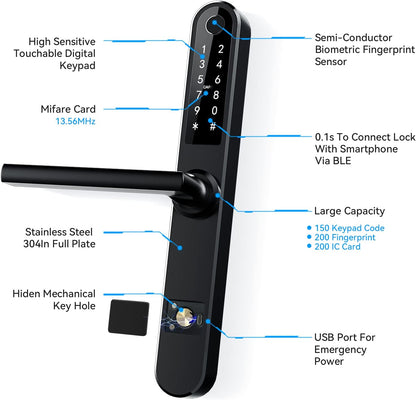 Slim Fingerprint Bluetooth Smart Deurslot met Touchscreen, Vingerafdruk Toetsenbord Kaartsleutels Unlock voor Aluminium Swing Deur (Zwart)
