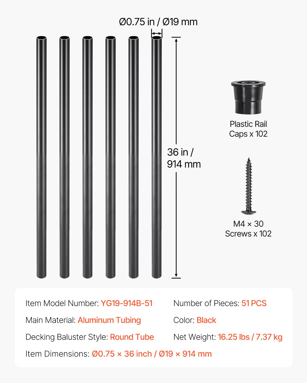VEVOR Baluster Set of 51, φ 19 x 914 mm Aluminium Stair Baluster, Decorative Rod, Round Bar, Hollow Ceiling Rail with Railing Hoods and Screws for Stairs, Porch, Patio, Fence, Black