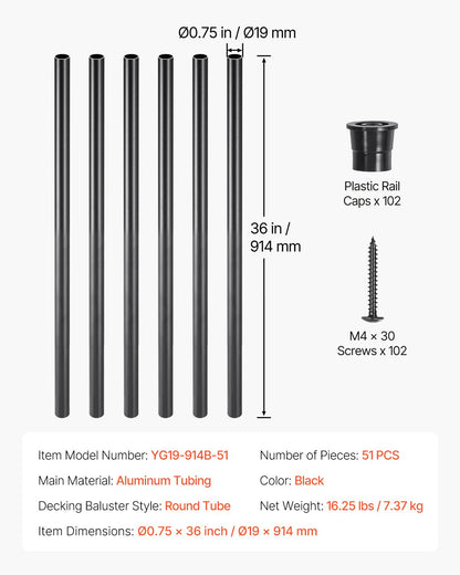 VEVOR Baluster Set of 51, φ 19 x 914 mm Aluminium Stair Baluster, Decorative Rod, Round Bar, Hollow Ceiling Rail with Railing Hoods and Screws for Stairs, Porch, Patio, Fence, Black
