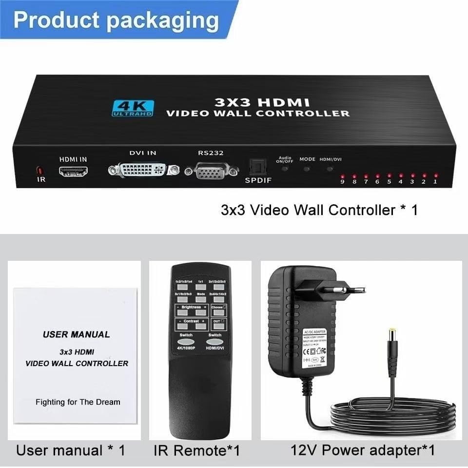 Videowallcontroller 3X3 4K30Hz HDMI Videowallprocessor TV-wandcontroller, 9-kanaals splitsingsdisplaycontroller met afstandsbediening voor 9 tv-schermen op 1 wanddisplay