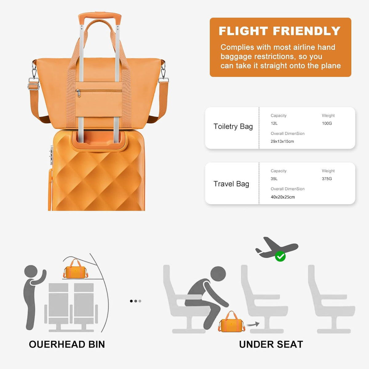Sea choice Hardschalige Trolley Kofferset 5-Delige Reiskoffer Met Dubbele Wielen Bevat 1 Reistas en 1 Toilettas, Bagage M-L-XL Set (55/65/76cm), Tsa Slot en 4 Wielen (Oranje, Kofferset)