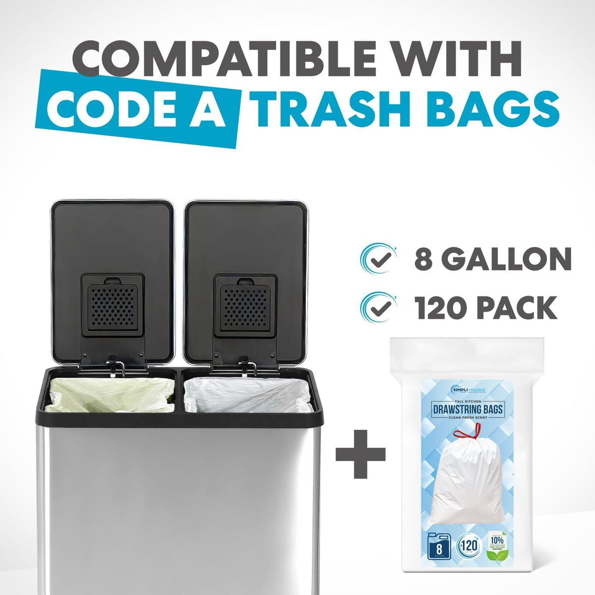 Simpli-Magic 16 Gallon (30L x 30L) Dual Compartment Step Trash Can – Kitchen Garbage Can with Slow-Close Lids – Waste & Recycling Bins, Odor Control, Hands-Free, Easy to Clean, Stainless Steel