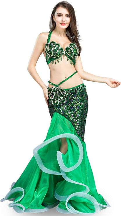 ROYAL SMEELA Buikdanskostuum Sets Buikdansen BH Rok Luxe Bling Pailletten Boor Ontwerp Dansen Zeemeermin Rok Vrouwen Professionele Dans BH Grote Swing Maxi Rokken Pak