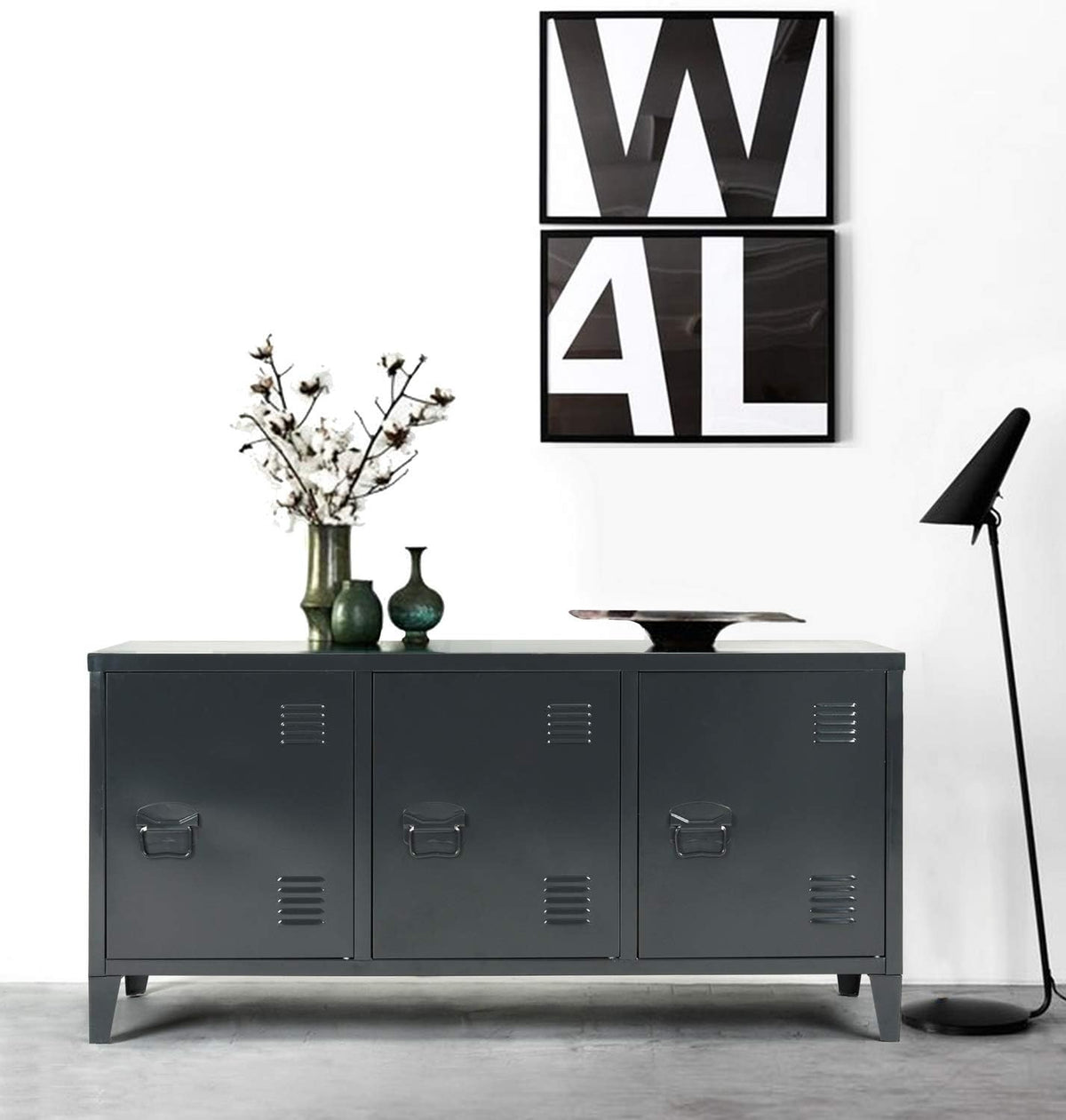 Grote ruimte metalen kast, 2-laags metalen opbergkast, 3 deuren, kantoormeubel, opslag met plank, lage kast, 120 × 40 × 58 cm