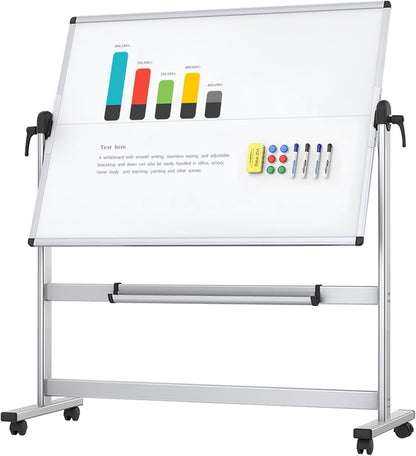 VIZ-PRO Dubbelzijdig Mobiel Whiteboard, 120 x 90 cm, Magnetisch Rolling Dry Erase White Board op wieltjes met aluminium frame en standaard
