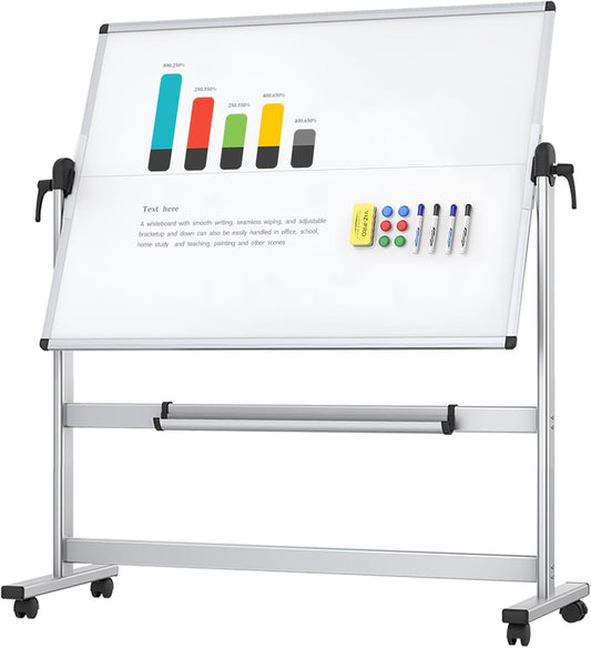 VIZ-PRO Dubbelzijdig Mobiel Whiteboard, 120 x 90 cm, Magnetisch Rolling Dry Erase White Board op wieltjes met aluminium frame en standaard
