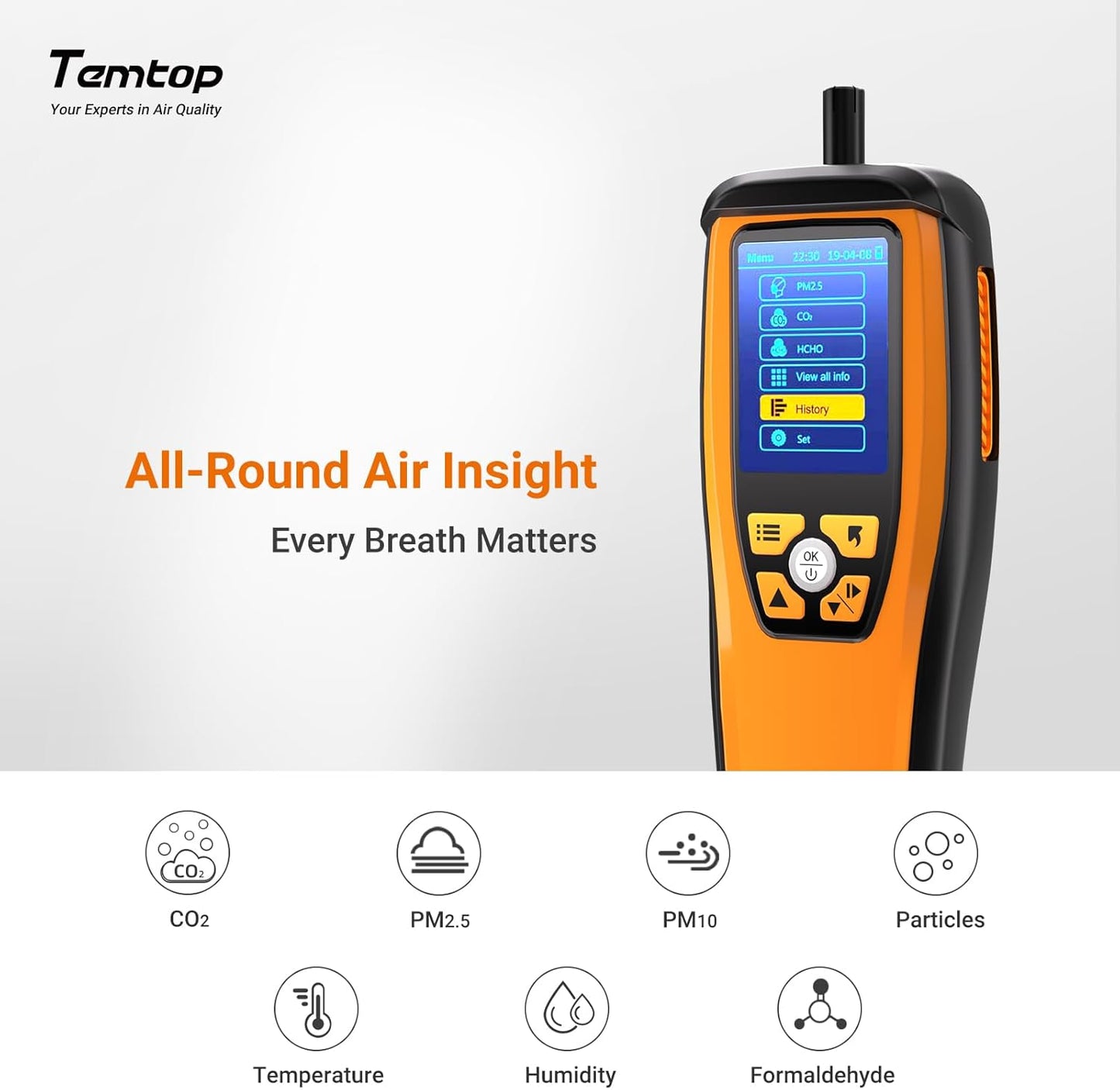 Temtop Luchtkwaliteitsmonitor voor PM2.5 PM10 Deeltjes CO2 HCHO Temperatuur Vochtigheid Instelbaar Audio Alarm Opnamecurve Eenvoudige kalibratie Kleurrijk display (M2000 2nd)