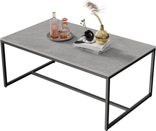 FATIVO Marble Top Coffee Tables Rectangle: Large grey coffee table 100cm long marbles sintered stone table top with sturdy metal legs modern sofa center for living room furniture decor - QUORE