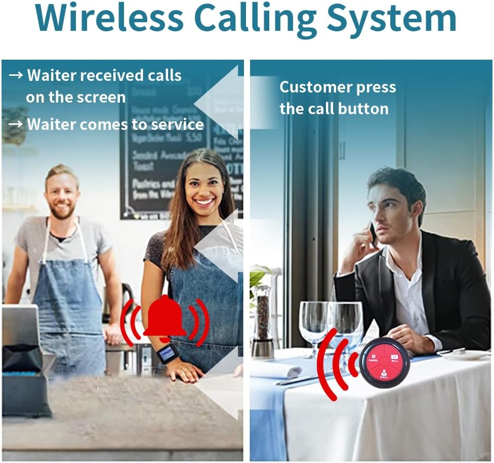 Wireless Calling System Restaurant Pagers Caregiver Pager met 10 Waterdichte Oproepknoppen en 1 Horloge Display Ontvanger Paniek Alarm Voor Ouderen Pager Geschikt Voor Restaurant, Cafés, Fabriek