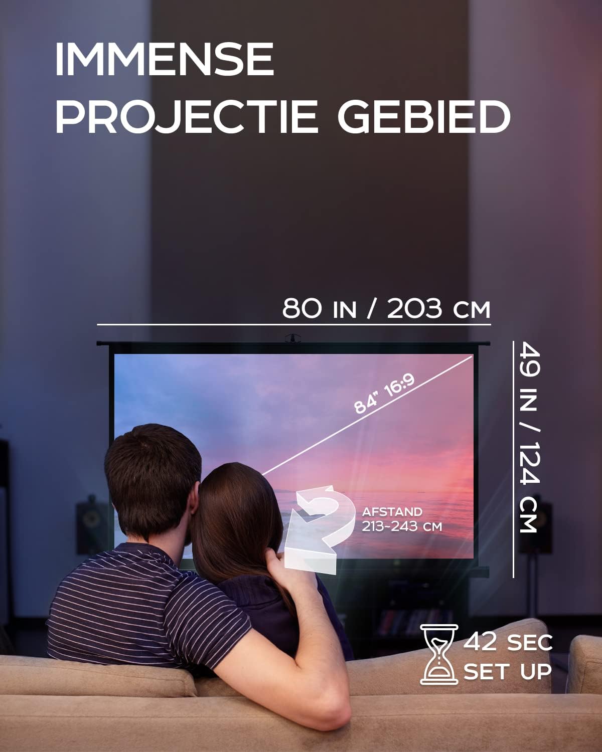 PropVue Projectorscherm met standaard, 84 inch (ca. 213 cm), 16:9 HD premium kreukvrij statiefscherm voor projector, met draagtas en strakke riemen