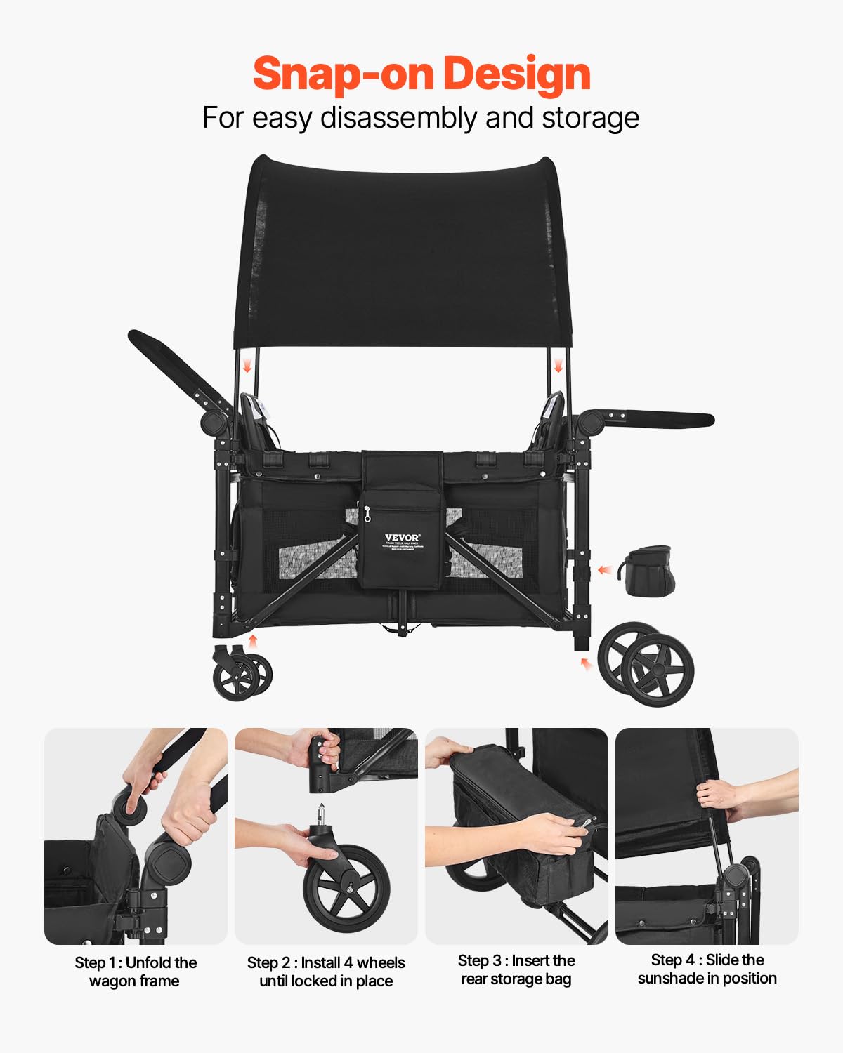 VEVOR Wagon Kinderwagen voor 4 Kinderen, Push Pull Quad Opvouwbare Kinderwagen met Verstelbare Handvat, 5-punts Veiligheidsharnas & Afneembare Luifel, 4-zits Kinderwagen voor Camping, Zwart (149,7 kg