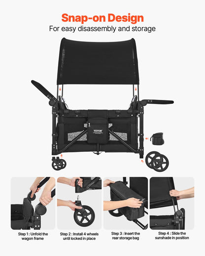 VEVOR Wagon Kinderwagen voor 4 Kinderen, Push Pull Quad Opvouwbare Kinderwagen met Verstelbare Handvat, 5-punts Veiligheidsharnas & Afneembare Luifel, 4-zits Kinderwagen voor Camping, Zwart (149,7 kg