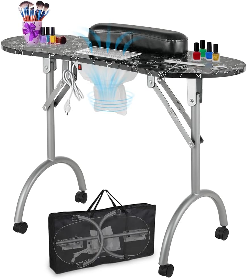 LEIBOU Professionele opvouwbare draagbare geventileerde schoonheid manicure tafel nagel bureau salon spa met ventilator en tas (35 "x 16 "x 28") (zwart)