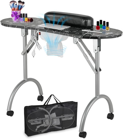 LEIBOU Professionele opvouwbare draagbare geventileerde schoonheid manicure tafel nagel bureau salon spa met ventilator en tas (35 "x 16 "x 28") (zwart)