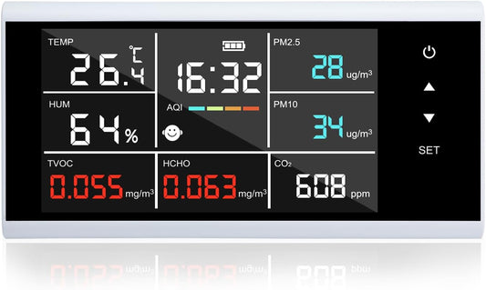 9-in-1 slimme luchtkwaliteitsmonitor, CO2, PM2.5, PM10, HCHO, TVOC, temperatuur, vochtdetector, touchscreen-display, luchtkwaliteitstester, real-time monitor, luchtvervuilingssensor, oplaadbaar
