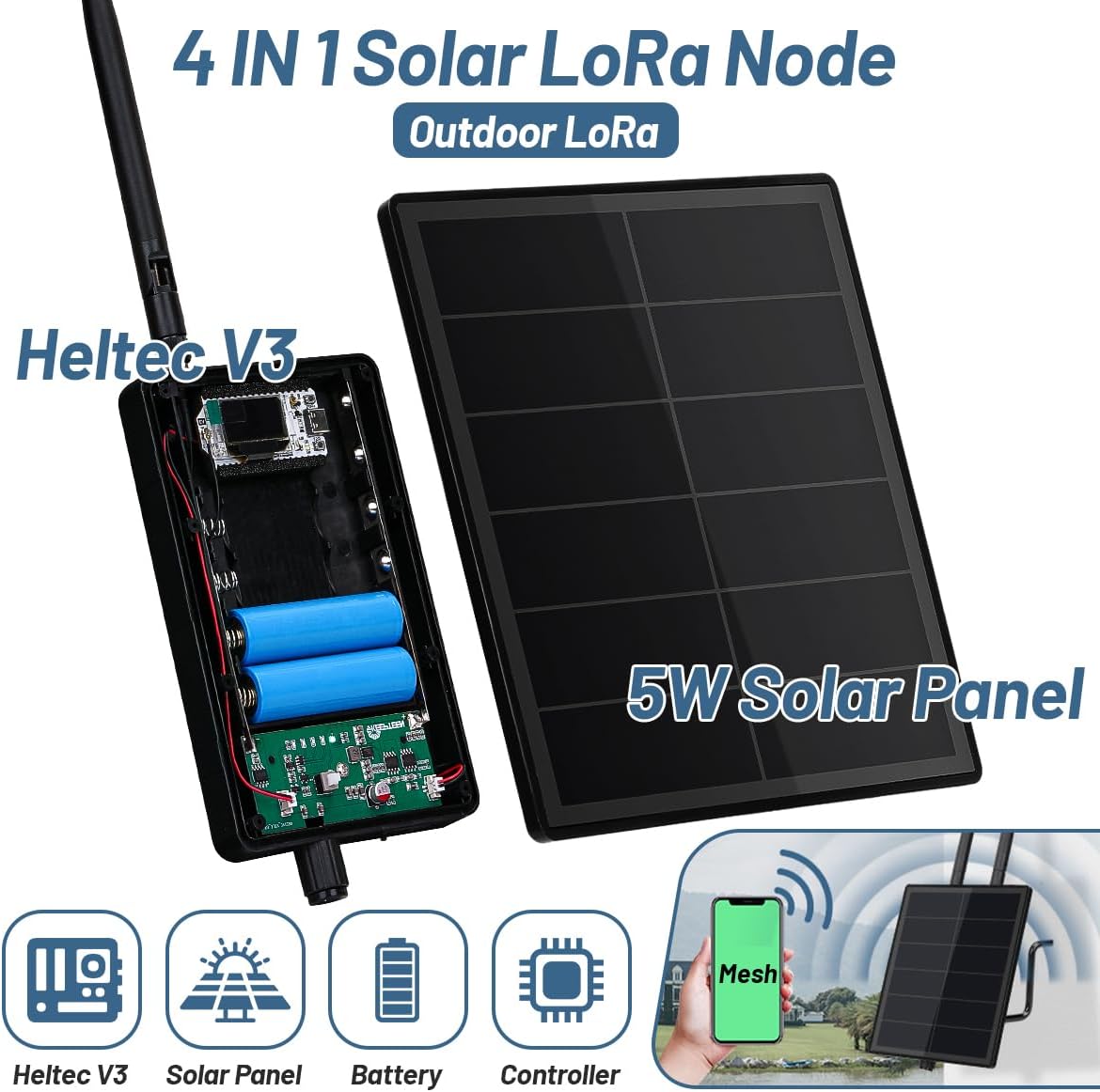 KEEPTEEN D5 Solar Lora Meshtastic Mesh Node Repeater 5 W BC Zonnepaneel Bult in Heltec ESP32 V3 Lora WiFi Bluetooth 5200 mAh batterij