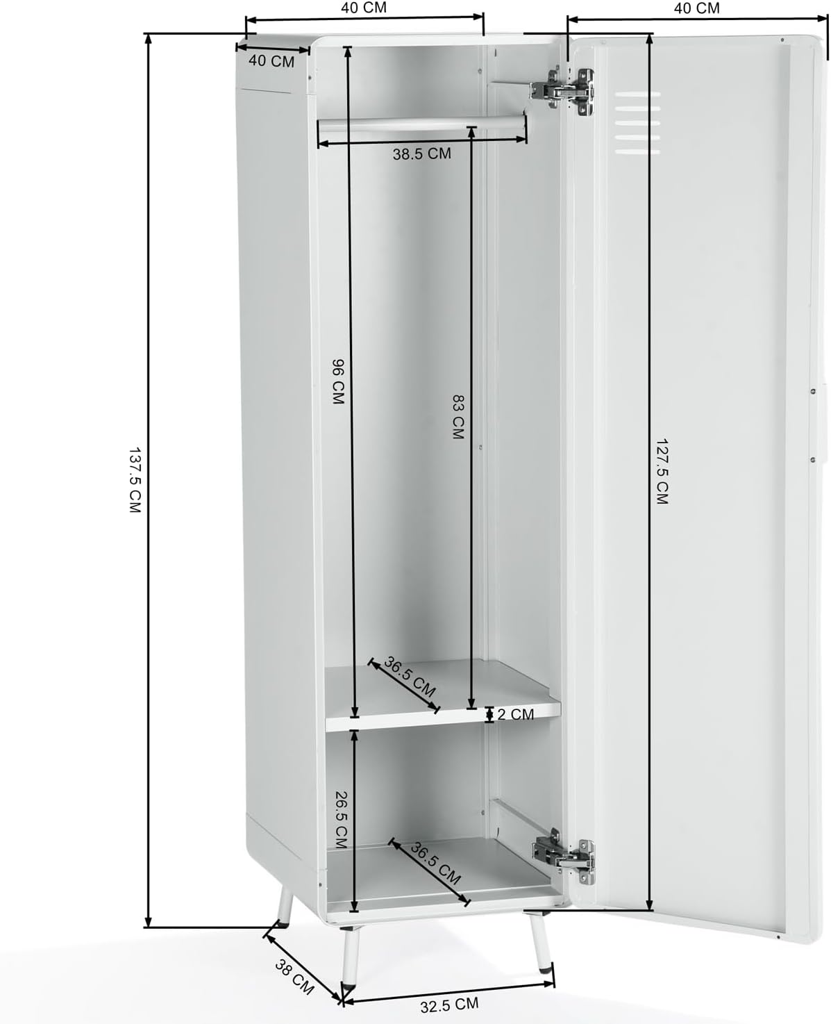 MEUBLE COSY Hoge kast voor woonkamer, kast, commode, slaapkamer, kantoorkast met deuren en planken, industrieel, metaal, wit, 40 x 40 x 137 cm