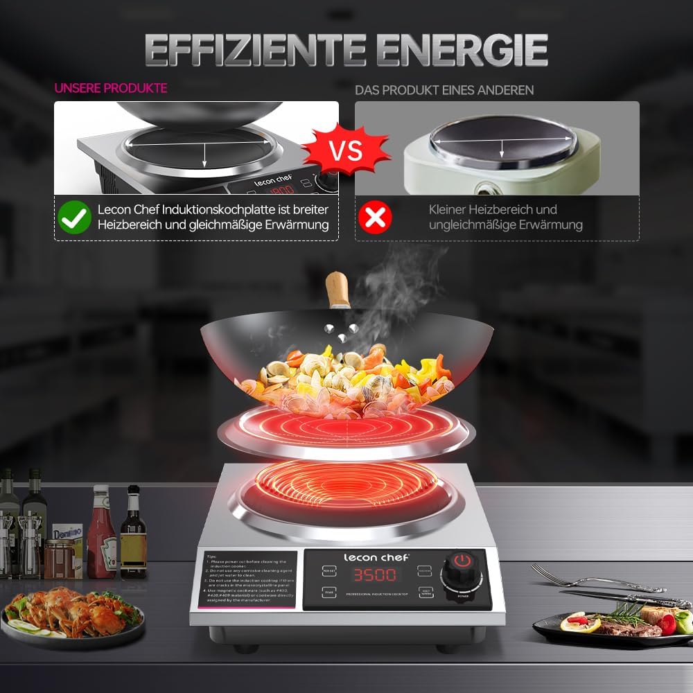 Inductiekookplaat met wok, 3500 W enkele inductiekookplaat, 60 kg draagkracht, timer en voorinstelling, 11 temperatuur- en vermogensinstellingen