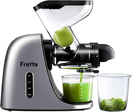 Fretta Masticating Juicer Slow Juicer Sapcentrifuge, groente en fruit, 200 W, fruitpers, elektrische sappers, selderij, sapmaker, machine, koude pers, fruitpers, 76 mm, BPA-vrij (zilver)