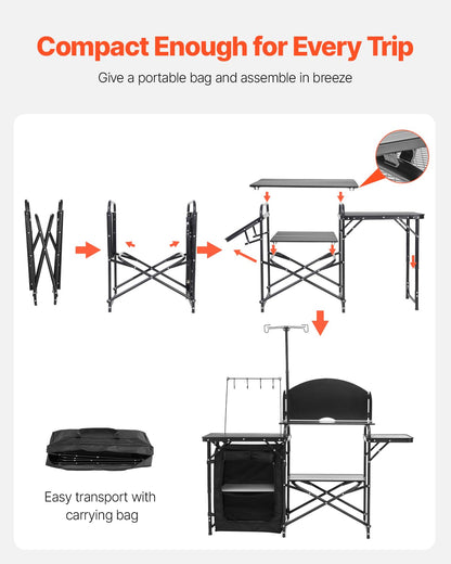 VEVOR Keukentafel voor camping buiten, aluminium, met opbergkast, draagtas, afneembare voorruit, geschikt voor barbecue, feest, picknick, reizen, camper, zwart