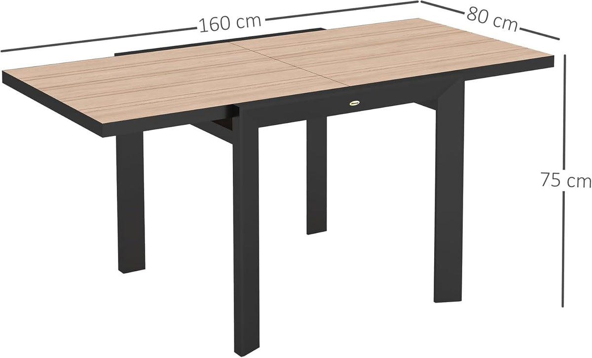 Outsunny Gartentisch Ausziehbarer Aluminium 80/160x80 cm Wetterfest Balcony Rutschfest Buffettisch Camping for 6 Persons Terrassentic Outdoor Esstisch für Garten, Terrasse Balcony Naturholz