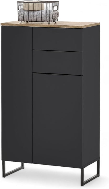 Badkamerkast – Opbergkast – Ladekast – Kast Met Lades – Badmeubel – FSC Gecertificeerd Hout – Soft-Close Lades En Deuren – 60x106x32 cm Matzwart Met Eikenhoutlook