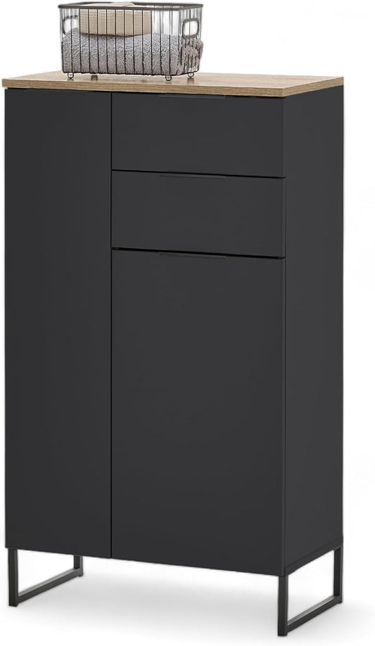 Badkamerkast – Opbergkast – Ladekast – Kast Met Lades – Badmeubel – FSC Gecertificeerd Hout – Soft-Close Lades En Deuren – 60x106x32 cm Matzwart Met Eikenhoutlook