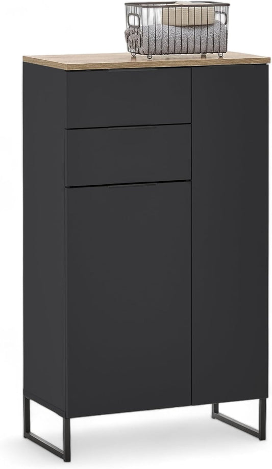 Stella Trading Denver Badkamercommode in zwart/Evoke eikenlook, FSC-gecertificeerd, badkamerkast met veel opbergruimte, 60 x 106 x 32 cm (b x h x d)