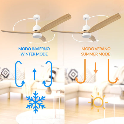M mimotec Crazy Led-plafondventilator, 53 W, wit, afstandsbediening, motor DC 35 W + ledlicht 18 W, 6 snelheden, stil, 3 vleugels van natuurlijk hout, 132 cm, zomer-/winterfunctie, timer.
