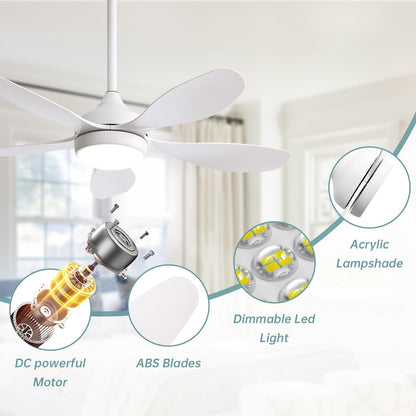 Sofucor Plafondventilator met verlichting en afstandsbediening, 5 vleugels, DC, timer, 3 kleurtemperaturen, 6 snelheden, zomer winterwerking, stille witte plafondventilator met licht