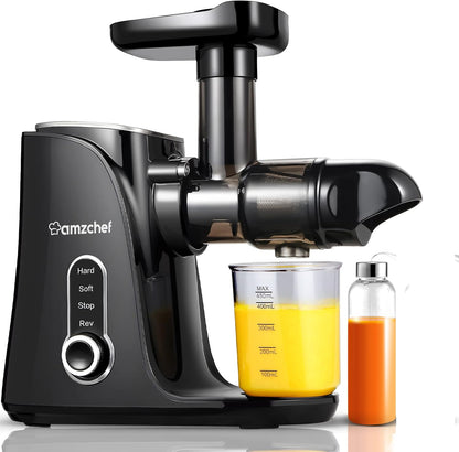 AMZCHEF Cold Press Slow Juicer met 2 snelheidsstanden （Zachte en harde stand）voor een breed scala aan fruit en groenten - Juicer wordt geleverd met een 500ml draagbare fles en twee kopjes - Zwart